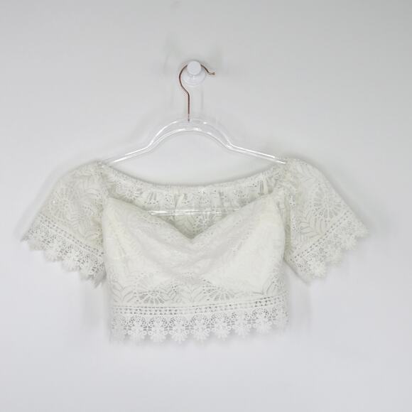 Cider White Lace Off Shoulder Crochet Tassel Crop Top Small - Picture 3 of 5